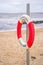 Angelholm, Sweden - February 20, 2019: Recovery aids lifebuoy and ladder on waterfront in Angelholm, Southern Sweden