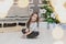 Angelic child daughter is sitting in lotos position on the carpet near glittering Christmas tree. Bokeh lights forefront