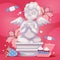 Angelic cupid sculpture background illustration. Romantic angel statue with flowers. Valentines or wedding day