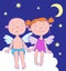 Angels boy and girl at night under the moon.