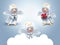 Angels in heaven, 3d illustration. Cute cartoon characters. Funny children wearing costumes.