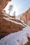 Angels Landing Hiking Trail switchbacks in snow during winter in Zion National Park in Utah