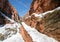 Angels Landing Hiking Trail switchbacks in snow during winter in Zion National Park in Utah