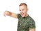 Anger furious army soldier pointing towards camera