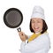 Anger, Fury and Rage Young Woman Chef with Frying Pan in Her Han