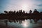 Angkor wat silhouette reflected in a small lake with waterlilies