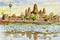 Angkor Wat Temple, Cambodia. Watercolor painting landscape