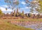 Angkor Wat temple reflecting in lake with flowers