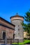 The angle of the ancient walls and towers of Castello Sforzesco in Milan, Italy