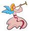 Angle in pink dress blowing trumpet vector or color illustration