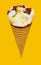 angle view of fresh vanilla flaovr ice cream cone with chocolate with a bite on a yellow background