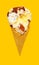 angle view of fresh vanilla flaovr ice cream cone with chocolate with couple of bites on a yellow background