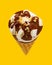 angle view of fresh vanilla flaovr ice cream cone with chocolate on a yellow background