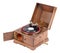 Angle view of old wooden gramophone against white background