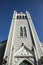 Angled View of Church Steeple against Deep Blue Sky