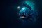 Angler fish on background of dark blue water realistic illustration art.