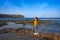 Angler fishing girl in Mediterranean Javea beach