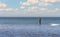 An angler in waterproof trousers is fishing in the Baltic Sea. He is standing on a stone in the water