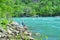 Anglers fishing on the rocks on the Niagara River Gorge Ontario Canada