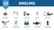 Angling outline set. Creative icons: fishing reel, rod pod, fishing line, ice drill, boat fishing, landing net, folding