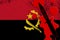 Angola flag and black tactical knife in red blood. Concept for terror attack or military operations with lethal outcome