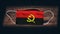 Angola National Flag at medical, surgical, protection mask on black wooden background. Coronavirus Covidâ€“19, Prevent infection,