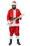 Angry, aggressive bad Santa holds baseball bat. Santa Claus is holding baseball bat on white background. Christmas