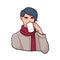 Angry anime boy with stylish haircut drinking tea or coffee. Pensive male character avatar. Portrait of cute Japanese