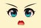 Angry anime face expression on light background.