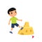 Angry asian boy destroying sandcastle flat vector illustration. Little kid breaking beach fortress cartoon character