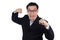 Angry Asian Chinese man wearing suit and holding both fist