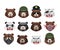 Angry bear set. Aggressive Grizzly head. Wild animal muzzle isolated. Forest predator