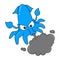 Angry blue squid spit out black ink, doodle icon image kawaii