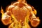 Angry bodybuilder guy show posing with flaming concept