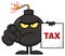 Angry Bomb Cartoon Mascot Character Pointing And Holding A Tax Sign Form