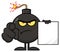 Angry Bomb Cartoon Mascot Character Pointing Outwards And Holding A Blank Sign Form