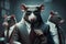 Angry boss in corporation and team, rat mouse in human suit. Generative AI