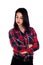 Angry brunette girl with red plaid shirt