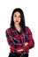 Angry brunette girl with red plaid shirt