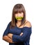 Angry brunette woman arm crossed with yellow caution tape on her mouth to shut and prevent she speaks her mind. Self control conce