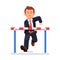 Angry business man running to a barrier obstacle