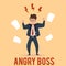 Angry business man stands raised fists with lightnings above head cartoon style