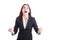 Angry business woman yelling and shouting like crazy showing rag