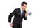 An angry businessman shouting via megaphone