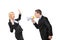 Angry businessman yelling via megaphone to a woman