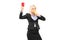 Angry businesswoman blowing a whistle and showing a red card