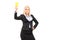Angry businesswoman holding a yellow card