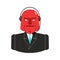 Angry call center. Red man with headset. Aggressive operator fee