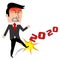 Angry Cartoon businessman kicking year 2020 isolated vector illustration. financial business disaster Concept