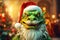 An angry cartoon green dragon wearing a Santa hat on a background of a Christmas tree.